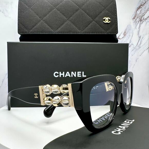 New CHANEL Eyeglasses Black Gold Cat Eye Clear Rotating Pearls 52mm